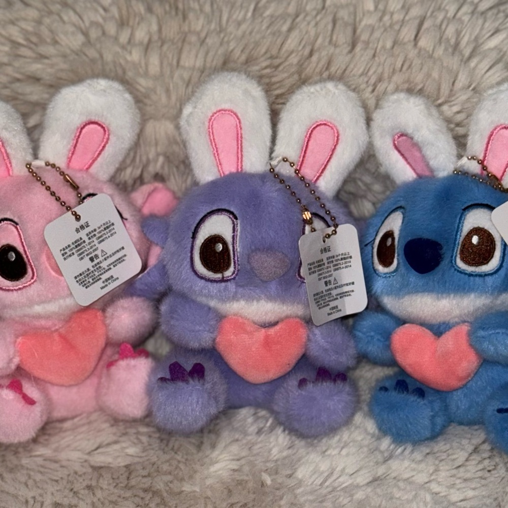 Disney Plush Bunny Stitch BUNDLE - Pink, Purple, and Blue STITCH also keychains